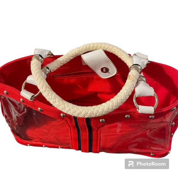 Red White &Blue Nautical Patriotic Vintage Retro Clear Studded Rope Handle Bag - Picture 7 of 9